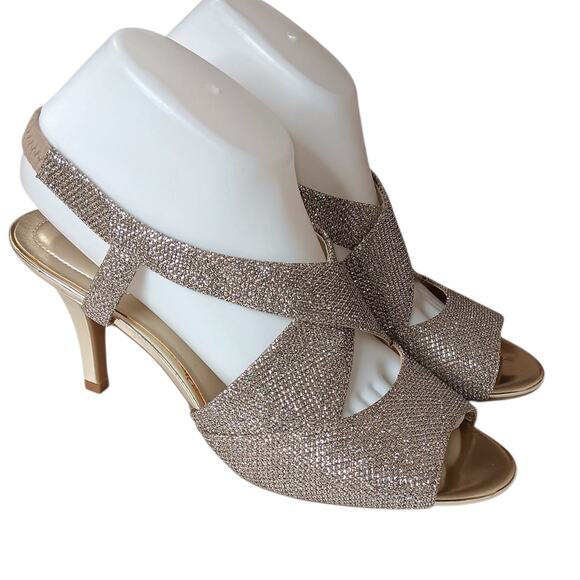 Bandolino Sparkly Metallic Dressy Heels 8 Gold Elastic Slingback Prom Dance Hoco - Picture 1 of 11